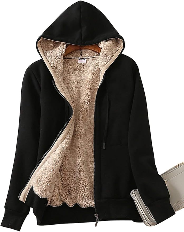 Prim Proper's Casual Full Zip Up Sherpa Lined Hoodie Sweatshirt Jacket Coat