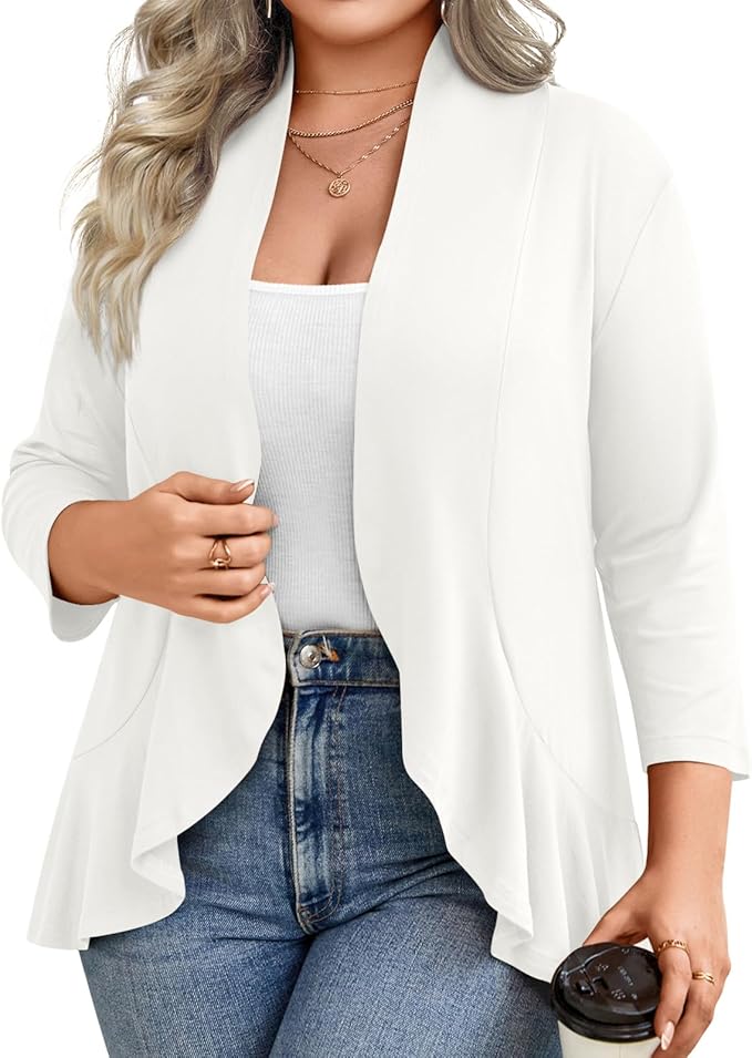 Prim Proper's Spring Summer Plus Size Open Front Cardigan 3/4 Sleeve Lightweight Ruffle Hem 1X-6X 8364