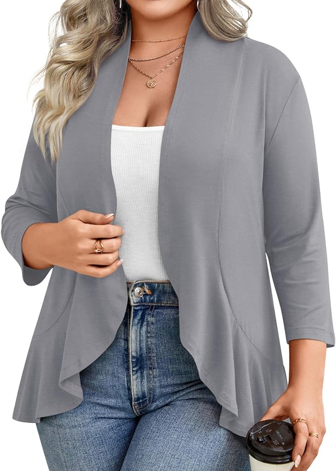 Prim Proper's Spring Summer Plus Size Open Front Cardigan 3/4 Sleeve Lightweight Ruffle Hem 1X-6X 3846