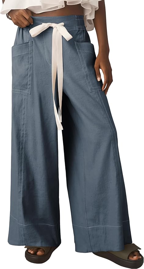 Prim Propers Wide Leg Casual Pants Elastic Waist Drawstring Palazzo Pants Cotton Lounge Trousers with Pockets