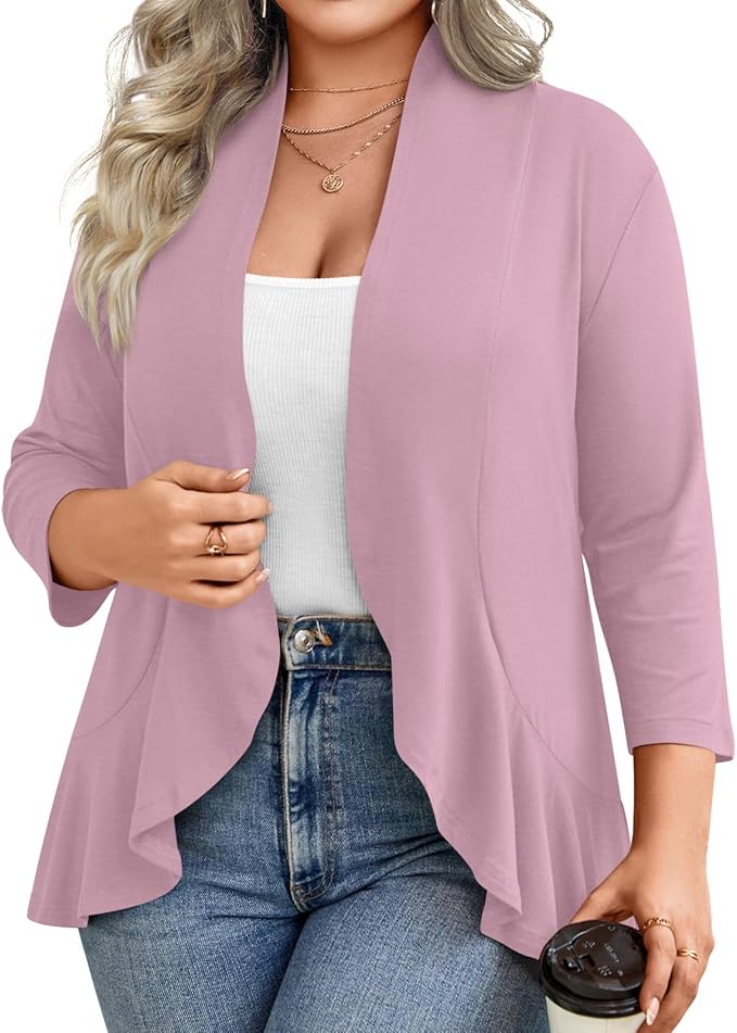 Prim Proper's Spring Summer Plus Size Open Front Cardigan 3/4 Sleeve Lightweight Ruffle Hem 1X-6X 8092