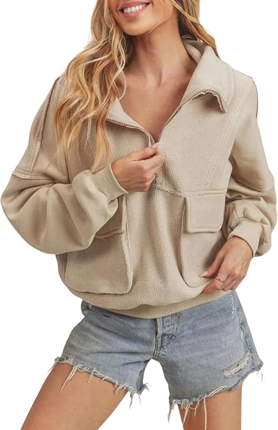 Prim Propers Polar Fleece Sweatshirt Pullover Half-zip Cropped Pockets Casual Workout Jacket Coat Winter Warm(LightKhaki-S)