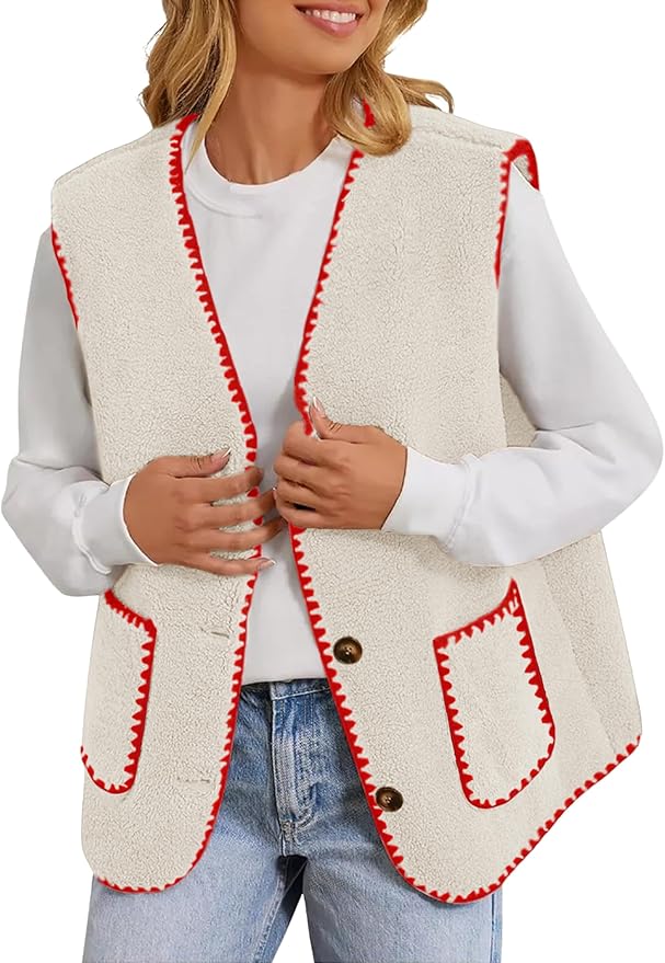 Prim Propers Fleece Sherpa Vest Contrast Trim V Neck Button Down Fall Winter Warm Fuzzy Outwear Vests with Pockets