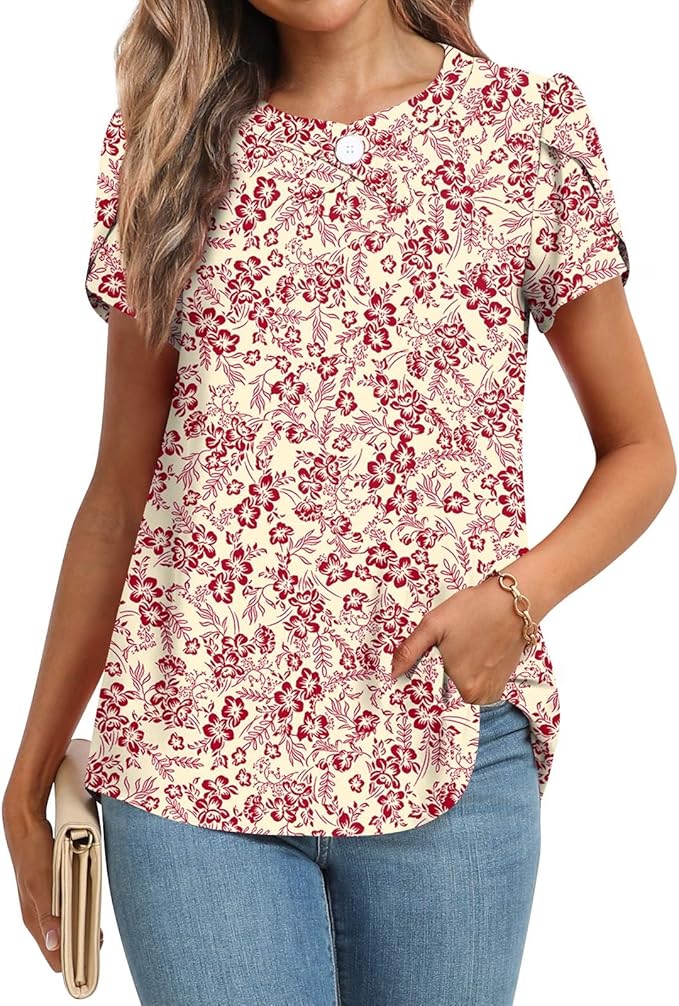 Prim Proper's Summer Dressy Casual Chiffon Blouse Spring Short Sleeve Button Up Shirts Work Tunic Tops 4219