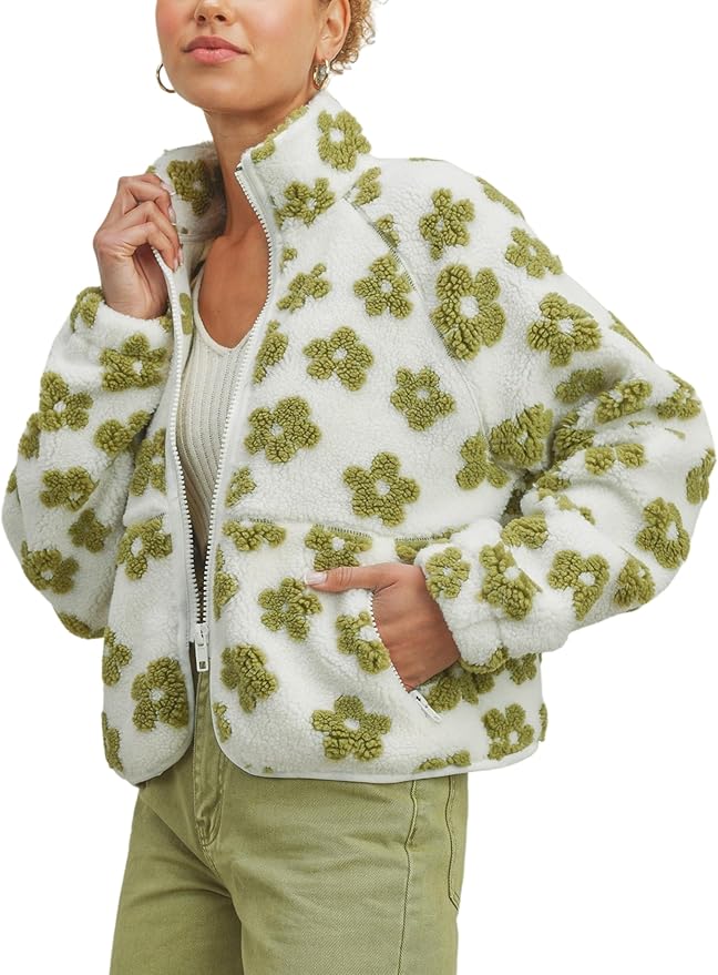 Prim Proper Jacket Prim Proper Winter Sherpa Fleece Coat Daisy Jacquard Stand Collar Full Zipper Casual Outwear with Pockets