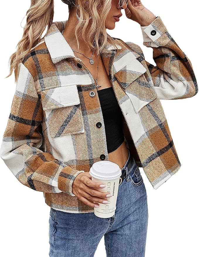 Prim Proper's Fashion Cropped Flannel Wool Blend Plaid Shacket Long Sleeve Button Down Jackets Coat