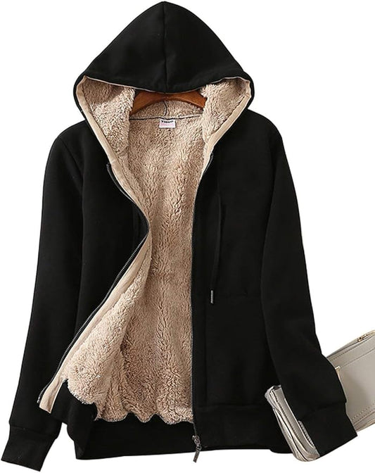 Prim Proper's Casual Full Zip Up Sherpa Lined Hoodie Sweatshirt Jacket Coat