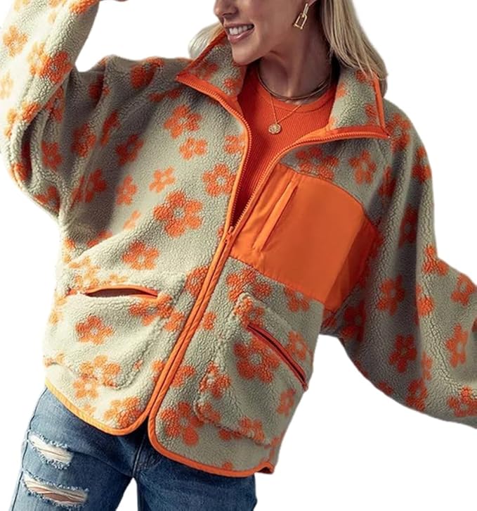 Prim Proper Floral Jacket Winter Sherpa Fleece Coat Daisy Jacquard Stand Collar Full Zip-Up Pockets Warm Lining Outwear