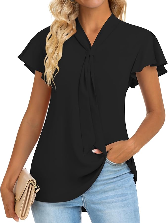 Prim Proper's Summer Casual Blouse Chiffon V-Neck Tunic Tops for Leggings with Tie Loose Fit Shirt Black, XL 6120