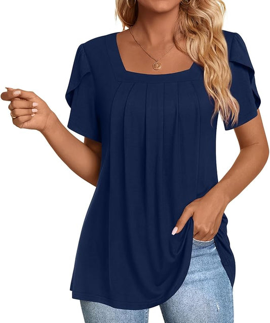 Prim Proper's Summer Tops Dressy Casual Blouses Square Neck Tunic M-3XL 6382