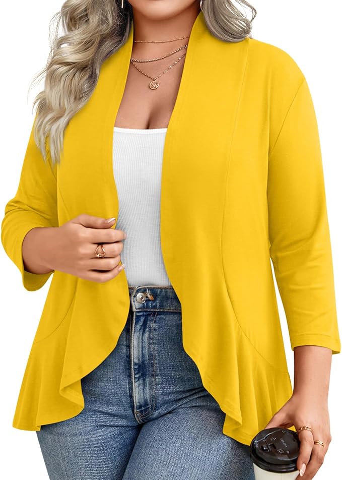 Prim Proper's Spring Summer Plus Size Open Front Cardigan 3/4 Sleeve Lightweight Ruffle Hem 1X-6X 4660
