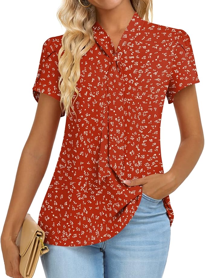 Prim Proper's Summer Dressy Casual Chiffon Work Blouses Short Sleeve Tunic Tops Spring Shirts 8309