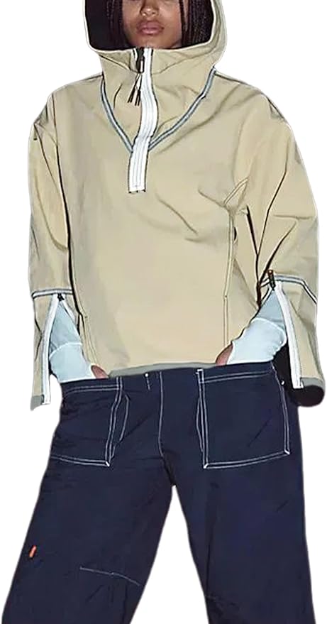 Prim Propers Windbreaker Jacket Outdoors Hiking Reflective Striping Hooded Half Zip Pullover Contrast Pocketed Outerwear