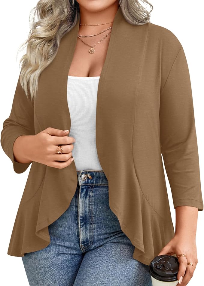 Prim Proper's Spring Summer Plus Size Open Front Cardigan 3/4 Sleeve Lightweight Ruffle Hem 1X-6X 6962