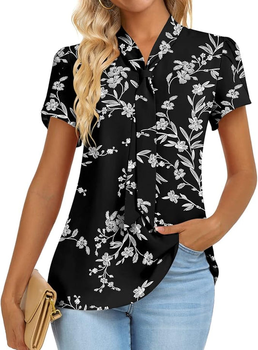 Prim Proper's Summer Dressy Casual Chiffon Work Blouses Short Sleeve Tunic Tops Spring Shirts 9594