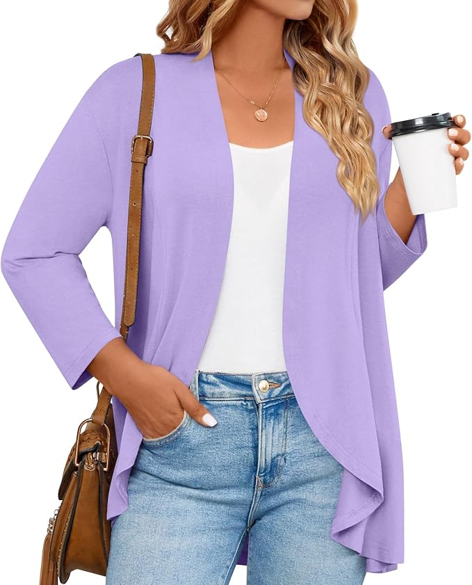 Prim Proper's Spring Open Front Lightweight Casual Summer Cardigans 3/4 Long Sleeves Draped Cover Up 1116