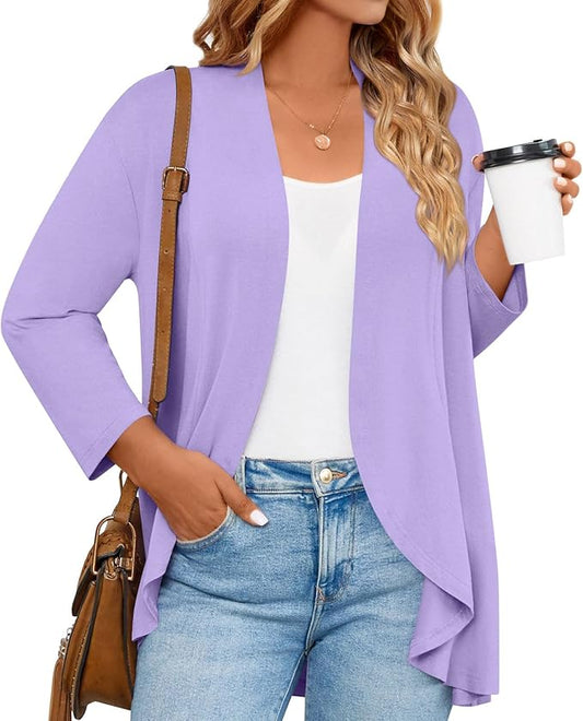 Prim Proper's Spring Open Front Lightweight Casual Summer Cardigans 3/4 Long Sleeves Draped Cover Up 1116