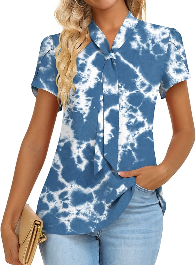 Prim Proper's Summer Dressy Casual Chiffon Work Blouses Short Sleeve Tunic Tops Spring Shirts 2534