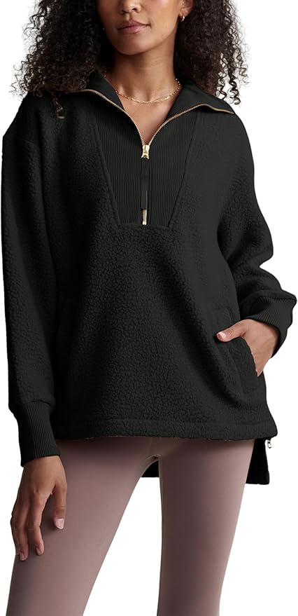 Prim Propers Half Zip Sherpa Fleece Pullover Lightweight Soft Warm Fuzzy Sweatshirt with Pockets
