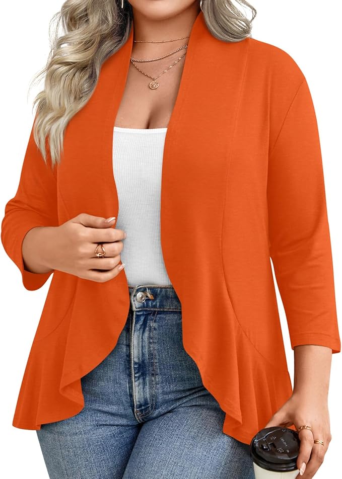 Prim Proper's Spring Summer Plus Size Open Front Cardigan 3/4 Sleeve Lightweight Ruffle Hem 1X-6X 2688