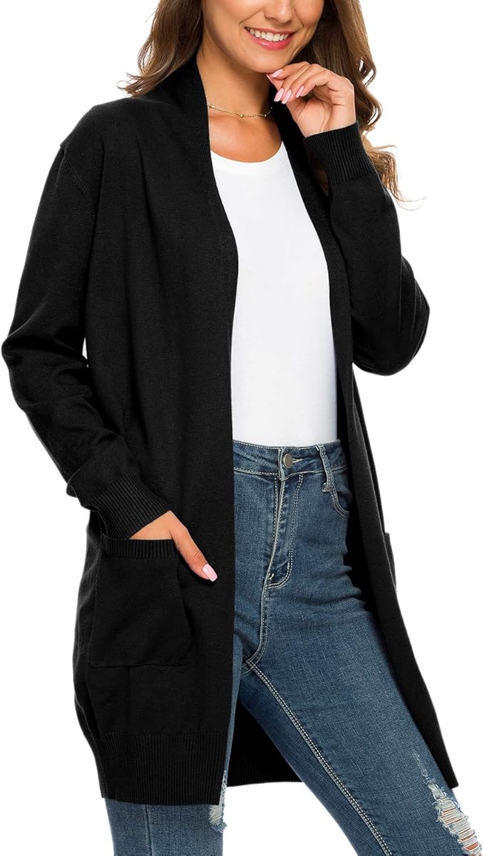 Prim Proper's Spring Long Sleeve Fall Cardigan Open Front Knit Sweaters with Pockets 4297