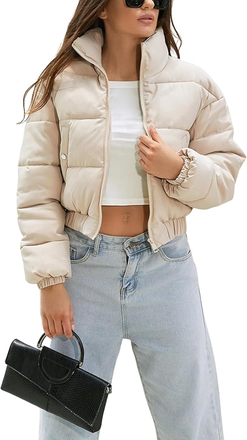 Prim Proper's Cropped Puffer Jacket Black Stand Collar Zip Up Short Bubble Coat with Pockets