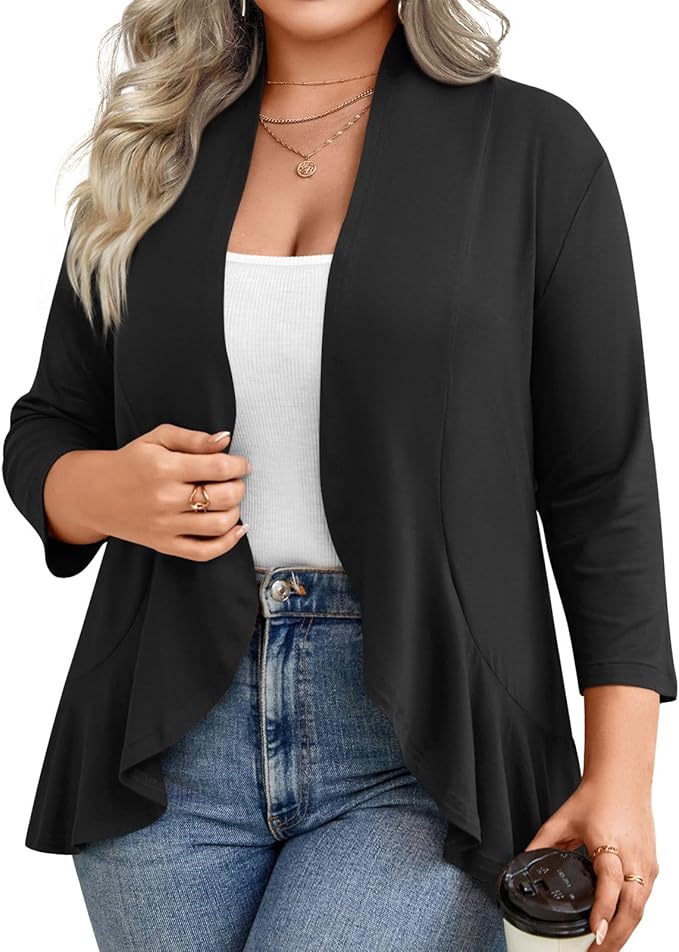 Prim Proper's Spring Summer Plus Size Open Front Cardigan 3/4 Sleeve Lightweight Ruffle Hem 1X-6X 5330