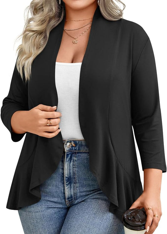 Prim Proper's Spring Summer Plus Size Open Front Cardigan 3/4 Sleeve Lightweight Ruffle Hem 1X-6X 5330