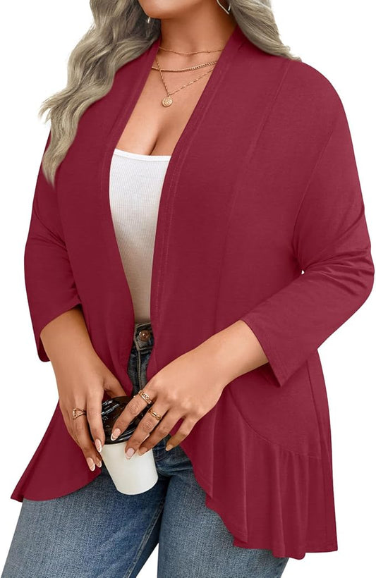 Prim Proper's Spring Summer Plus Size Open Front Cardigan 3/4 Sleeve Lightweight Ruffle Hem 1X-6X 8231