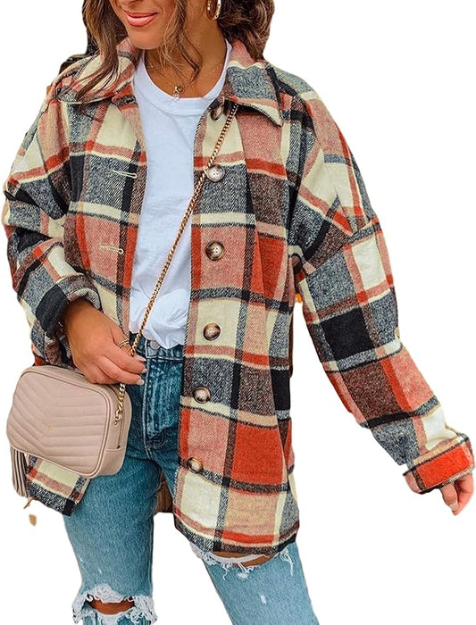 Prim Proper's Fall Color Block Plaid Flannel Shacket Jacket Button Down Shirt Coat Tops