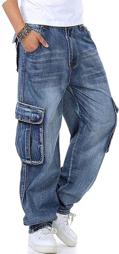 Prim Proper's Casual Loose Hip Hop Denim Work Pants Jeans with Cargo Pockets