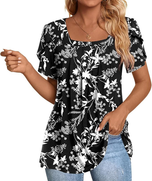 Prim Proper's Summer Tops Dressy Casual Blouses Square Neck Tunic M-3XL 8765