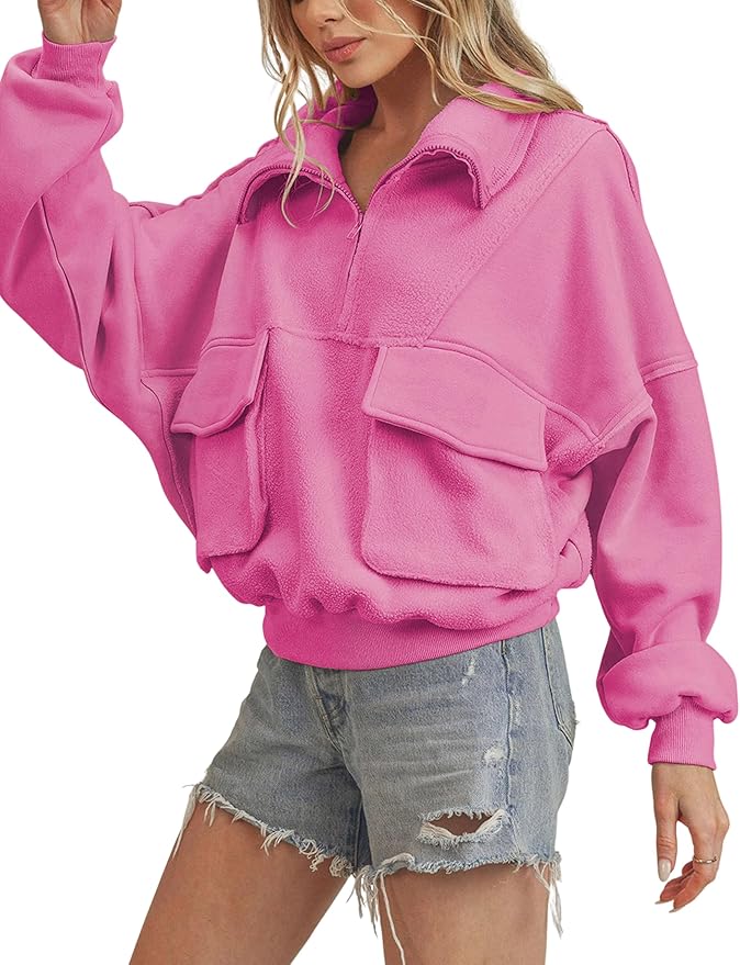 Prim Propers Polar Fleece Sweatshirt Pullover Half-Zip Cropped Pockets Casual Workout Jacket Coat Winter Warm