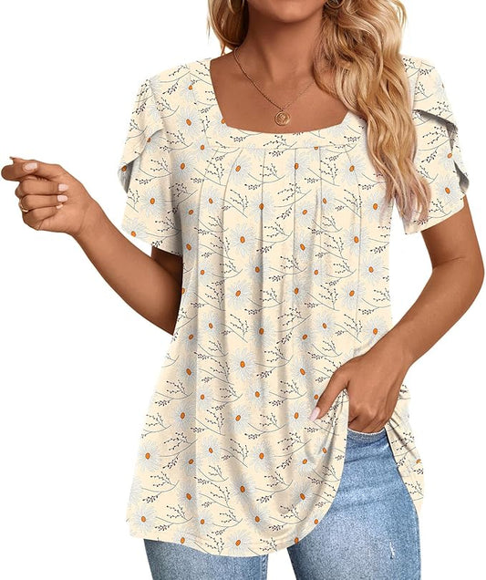 Prim Proper's Summer Tops Dressy Casual Blouses Square Neck Tunic M-3XL 5157