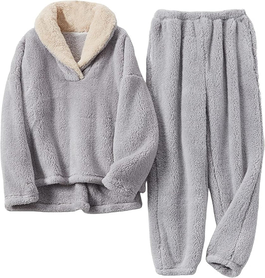 Prim Proper's Fleece Pajamas Sets Fluffy Sleepwear Warm Sherpa Pullover Pants with Pockets